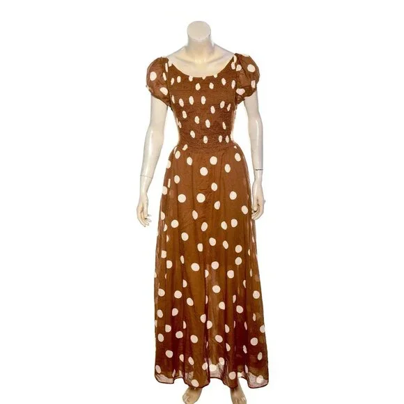 Free People Ultraviolet Dress Oak M 8 Women's Smocked Polka Dot Maxi NEW 44592 - Picture 3 of 6